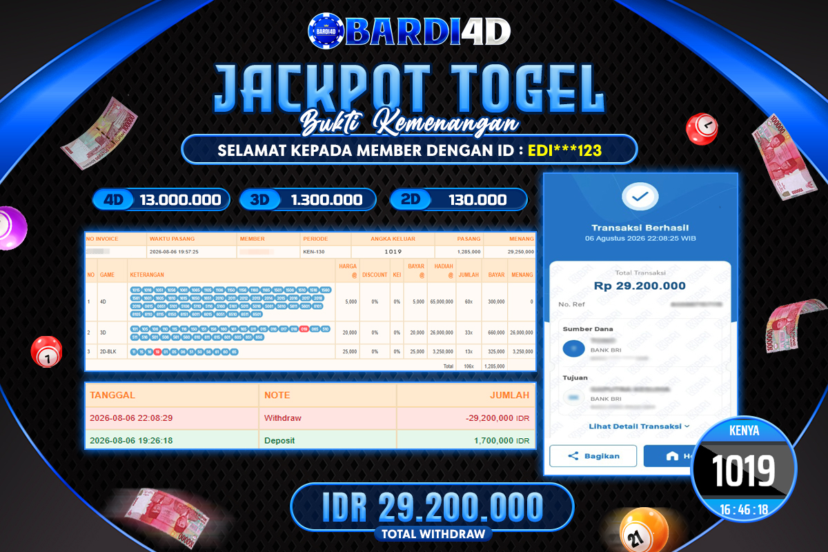 BARDI4D - BAYAR JACKPOT TOGEL KENYA TOTAL RP.29.200.000 | DIBAYAR LUNAS