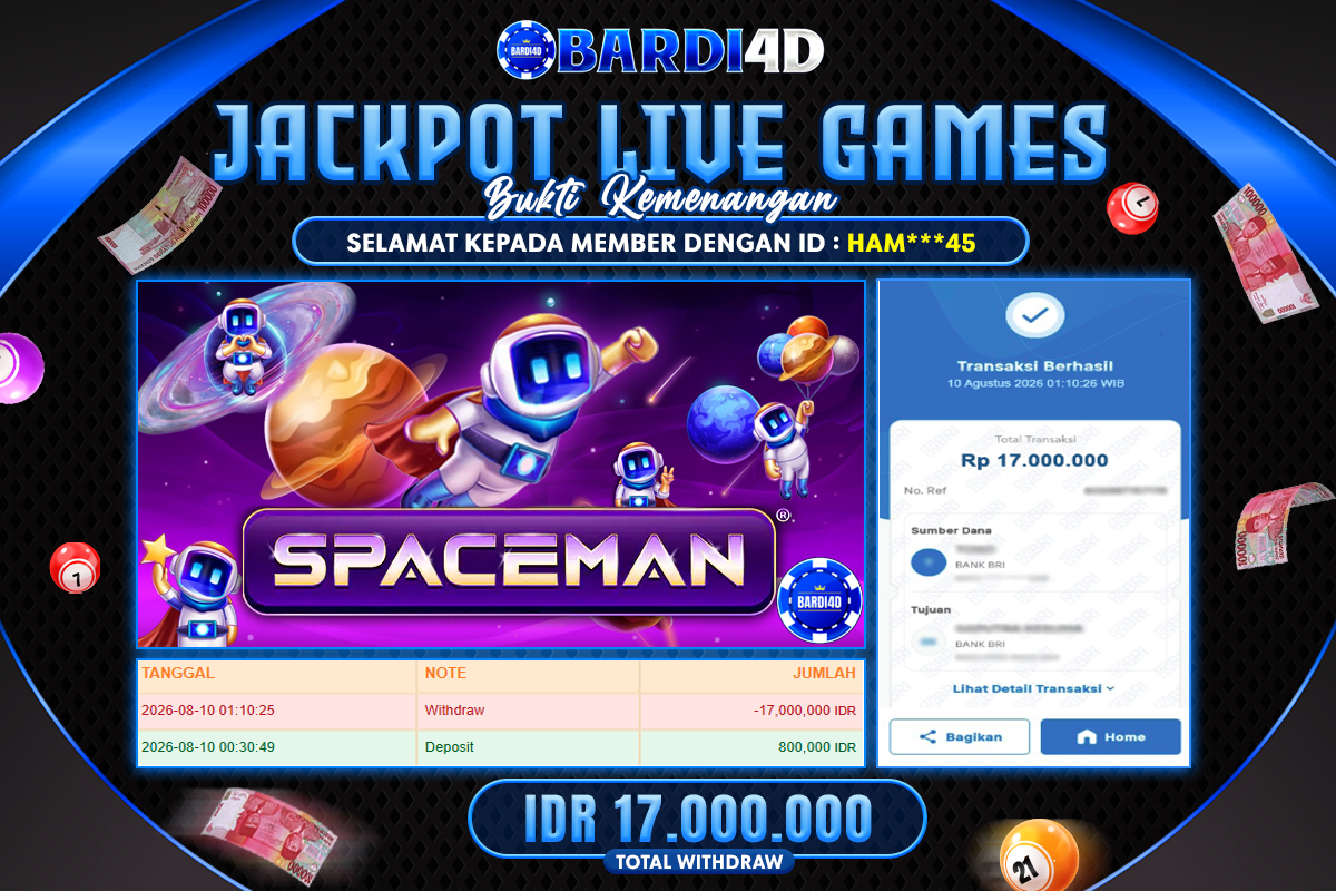 BARDI4D - BAYAR JACKPOT SPACEMAN LIVE GAMES TOTAL RP.17.000.000 | DIBAYAR LUNAS