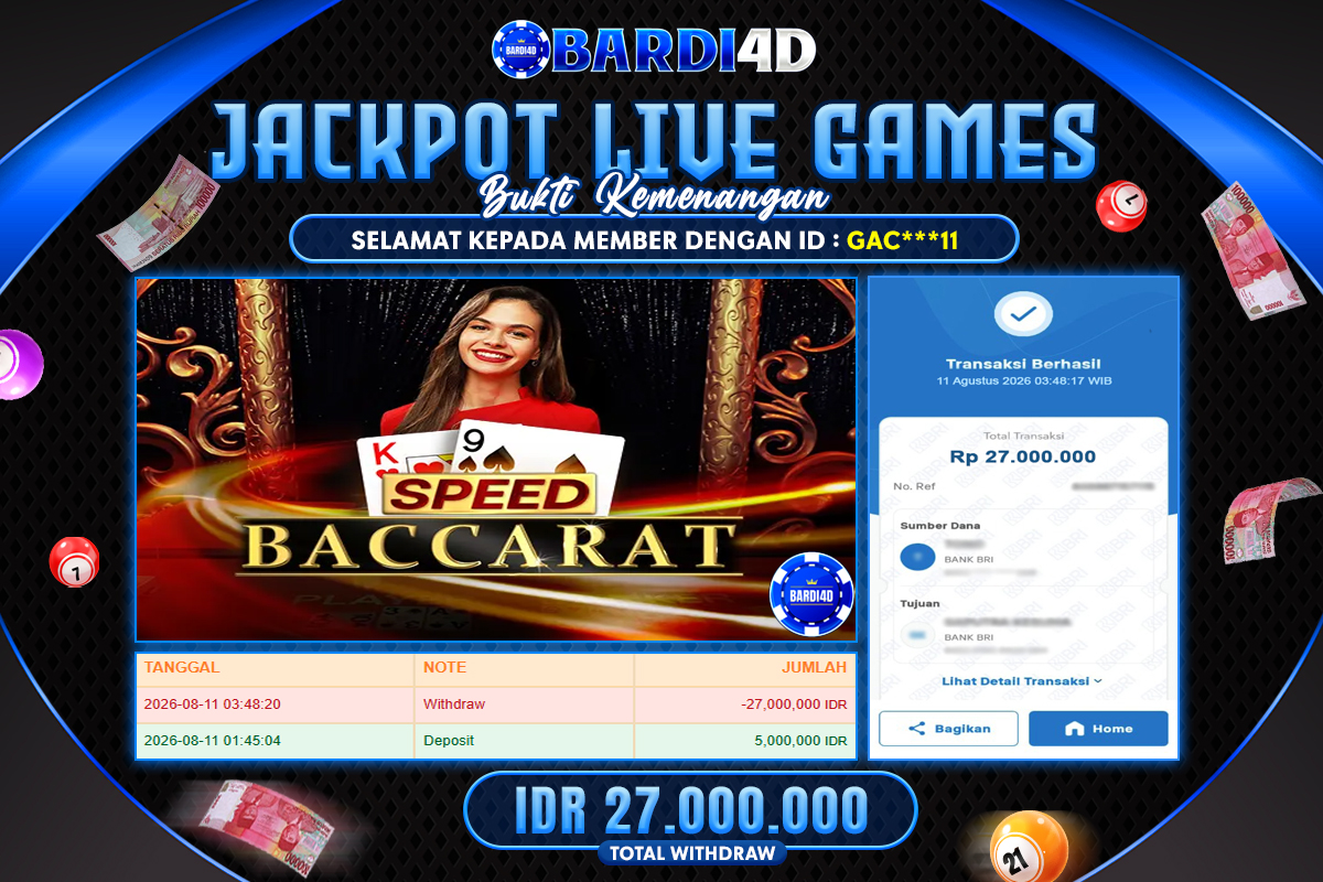 BARDI4D - BAYAR JACKPOT LIVE GAMES SPEED BACCARAT TOTAL RP.27.000.000 | DIBAYAR LUNAS