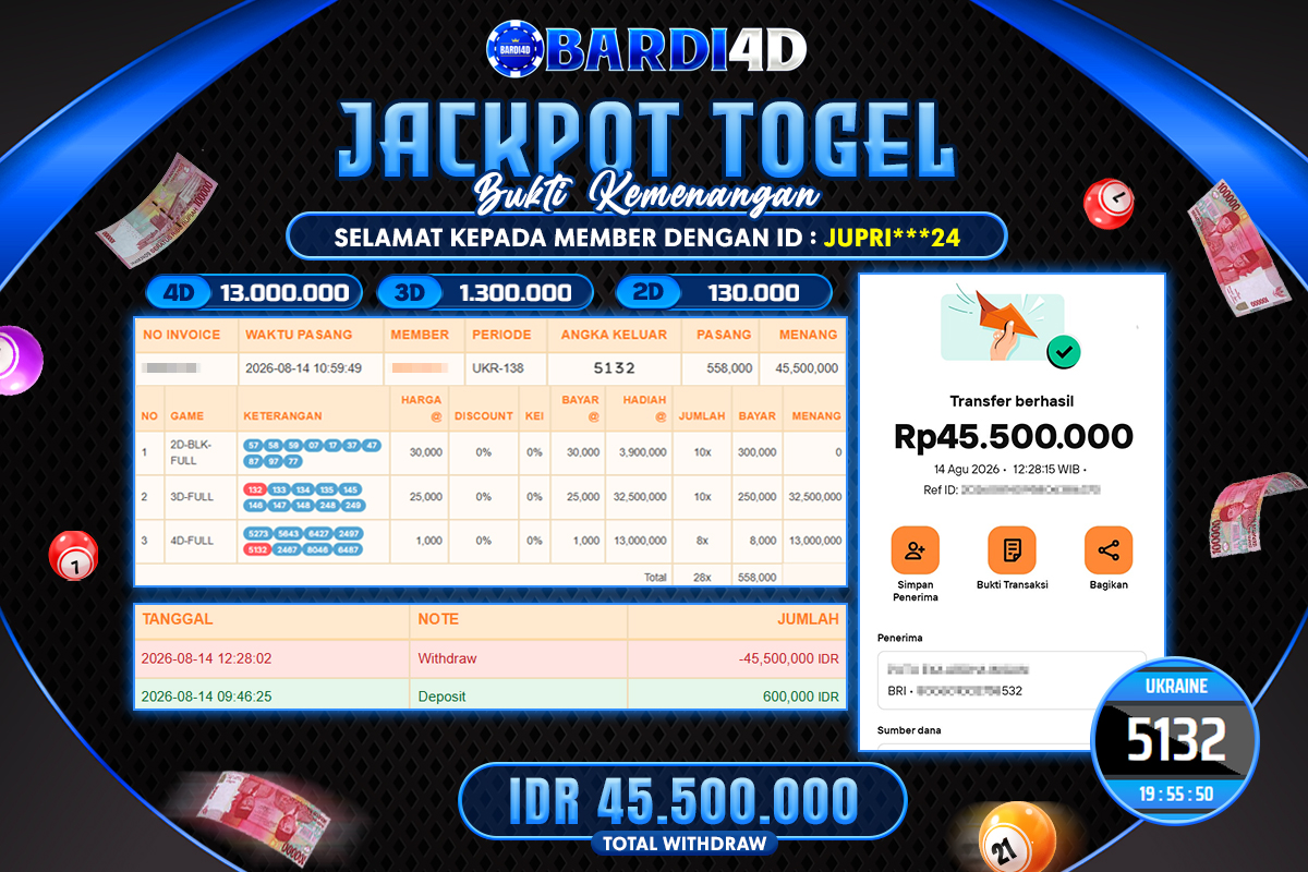 BARDI4D - BAYAR JACKPOT TOGEL UKRAINE TOTAL RP.45.500.000 | DIBAYAR LUNAS