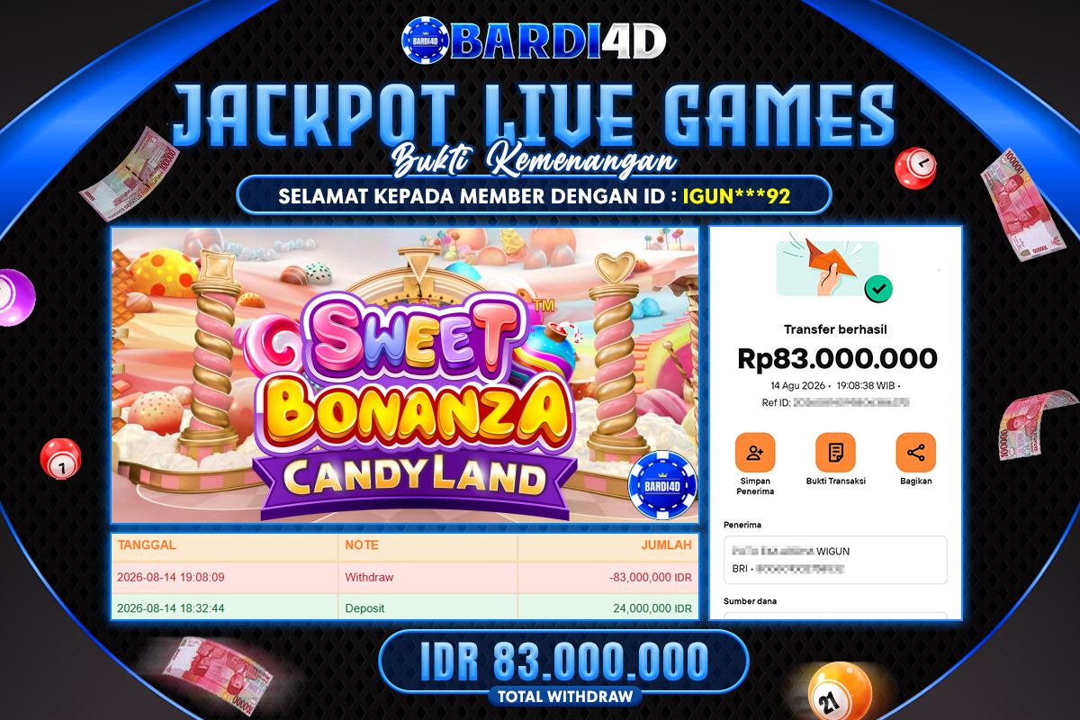 BARDI4D - BAYAR JACKPOT LIVE GAMES SWEET BONANZA CANDYLAND TOTAL RP.83.000.000 | DIBAYAR LUNAS