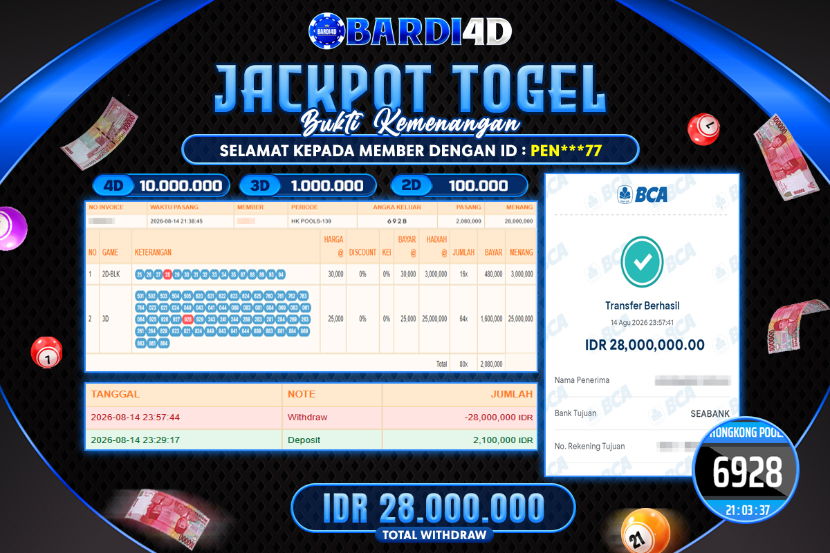 BARDI4D - BAYAR JACKPOT TOGEL HONGKONG POOLS TOTAL RP.28.000.000 | DIBAYAR LUNAS