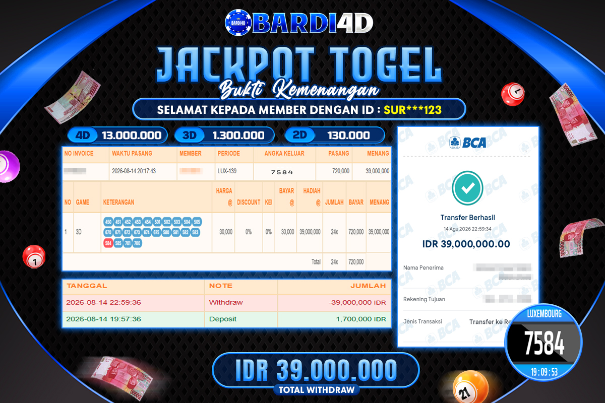 BARDI4D - BAYAR JACKPOT TOGEL LUXEMBOURG TOTAL RP.39.000.000 | DIBAYAR LUNAS