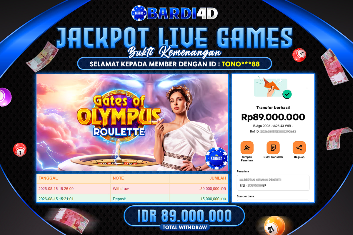 BARDI4D - BAYAR JACKPOT LIVE GAMES GATE OF OLYMPUS ROULETTE TOTAL RP.89.000.000 | DIBAYAR LUNAS