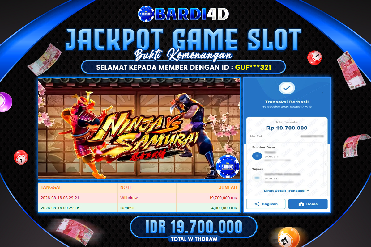 BARDI4D - BAYAR JACKPOT SLOT NINJA VS SAMURAI  TOTAL RP.19.700.000 | DIBAYAR LUNAS