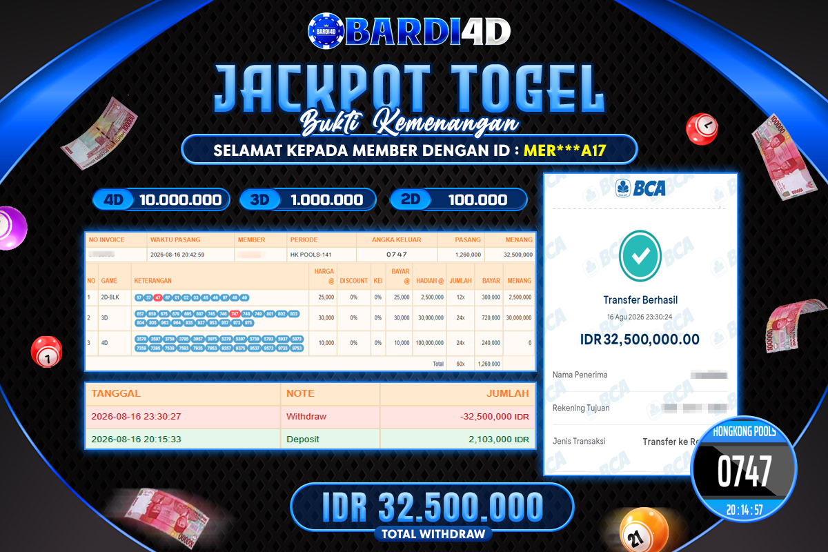 BARDI4D - BAYAR JACKPOT TOGEL HONGKONG POOLS TOTAL RP.32.500.000 | DIBAYAR LUNAS