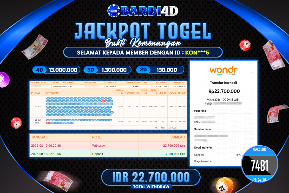 BARDI4D - BAYAR JACKPOT TOGEL MEXICO LOTTO TOTAL RP.22.700.000 | DIBAYAR LUNAS