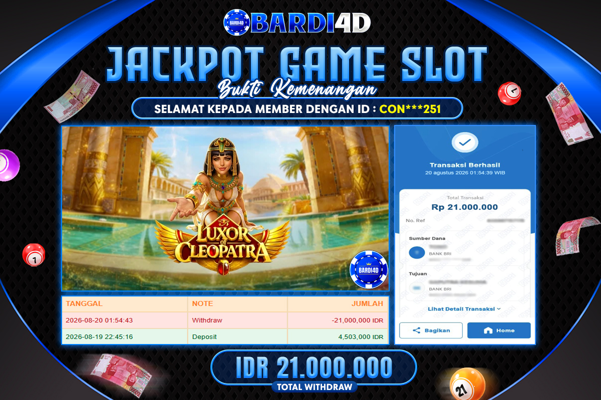 BARDI4D - BAYAR JACKPOT SLOT LUXOR OF CLEOPATRA TOTAL RP.21.000.000 | DIBAYAR LUNAS