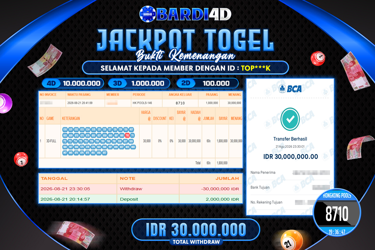 BARDI4D - BAYAR JACKPOT TOGEL HONGKONG POOLS TOTAL RP.30.000.000 | DIBAYAR LUNAS