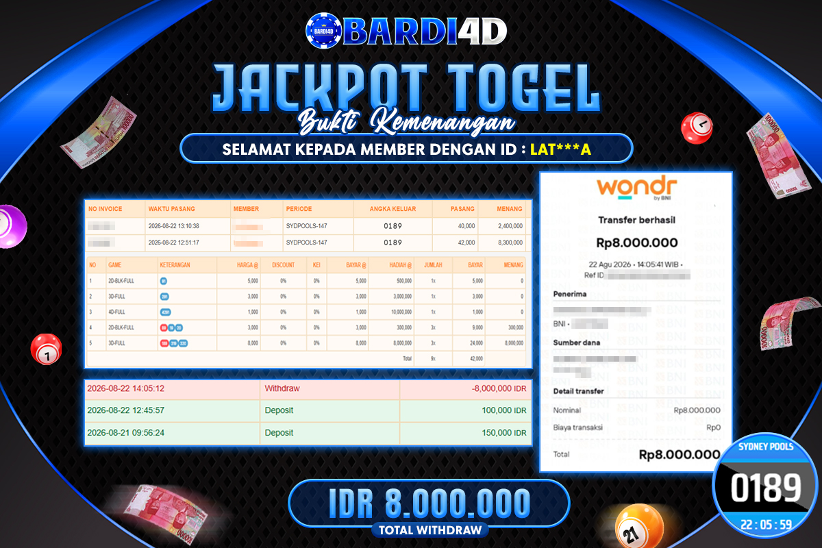 BARDI4D - BAYAR JACKPOT TOGEL SYDNEY POOLS TOTAL RP.8.000.000 | DIBAYAR LUNAS