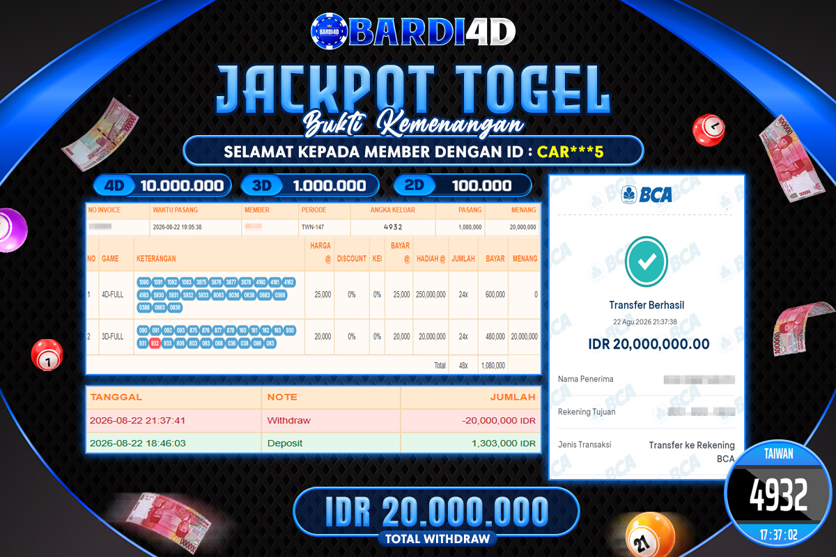 BARDI4D - BAYAR JACKPOT TOGEL TAIWAN TOTAL RP.20.000.000 | DIBAYAR LUNAS