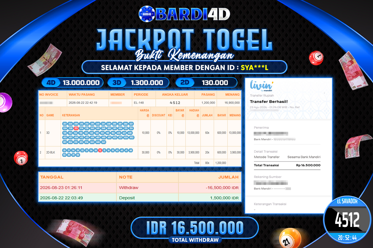 BARDI4D - BAYAR JACKPOT TOGEL EL SAVADOR TOTAL RP.16.500.000 | DIBAYAR LUNAS