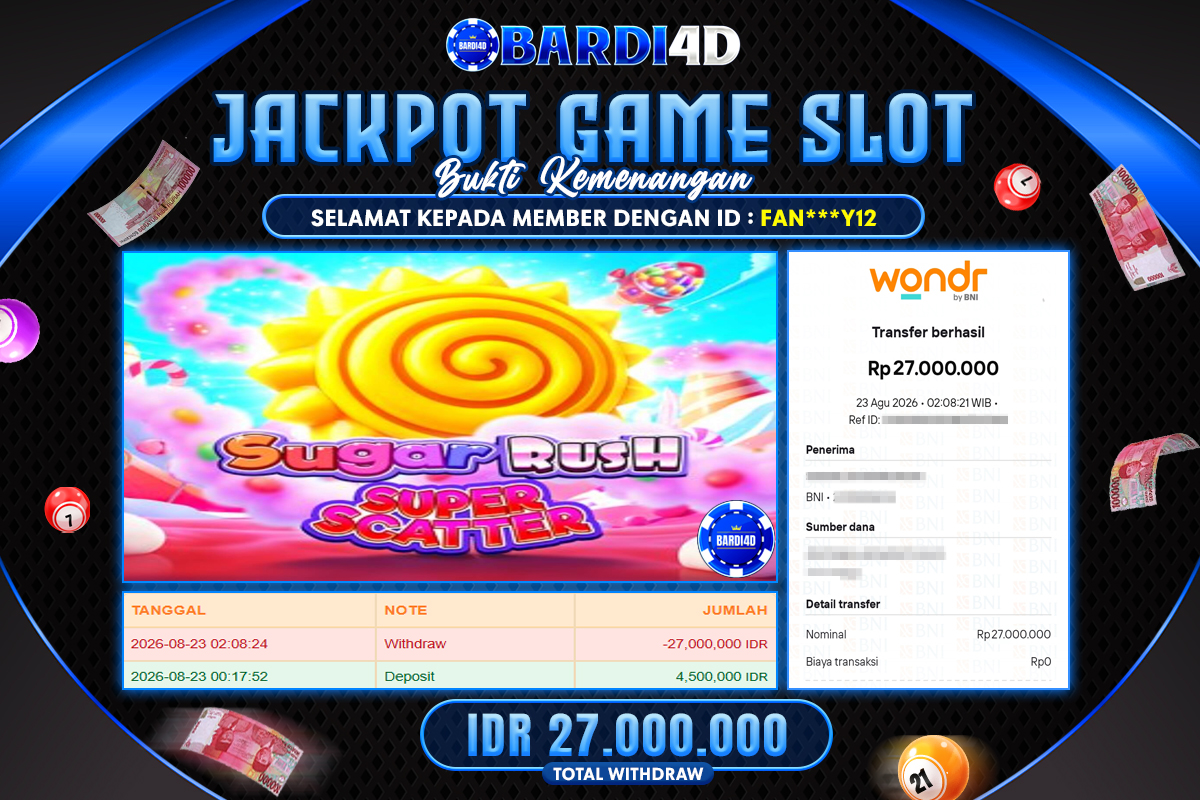 BARDI4D - BAYAR JACKPOT SLOT SUGAR RUSH SUPER SCATTER TOTAL RP.27.000.000 | DIBAYAR LUNAS