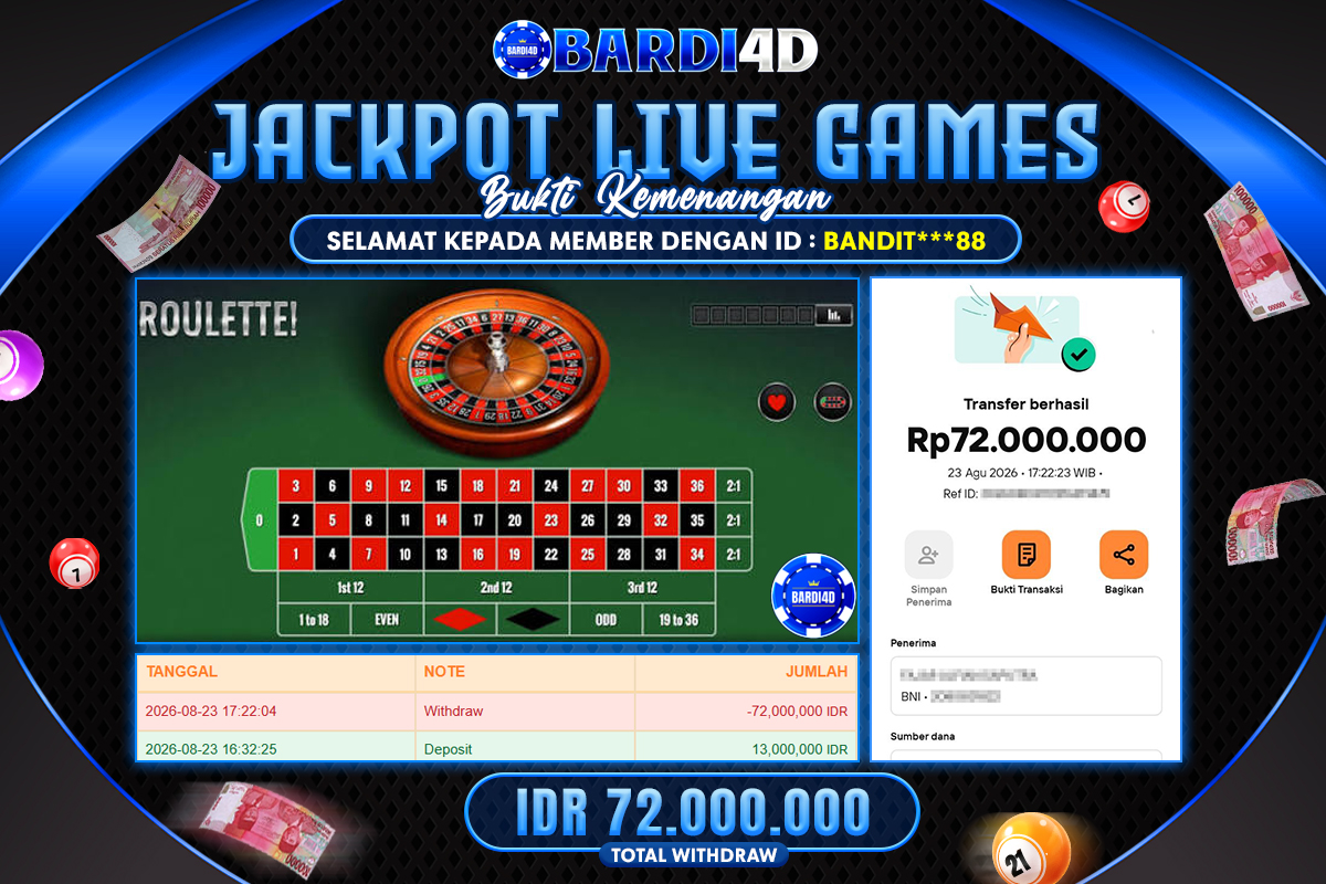 BARDI4D - BAYAR JACKPOT LIVE GAMES ROULETTE TOTAL RP.72.000.000 | DIBAYAR LUNAS