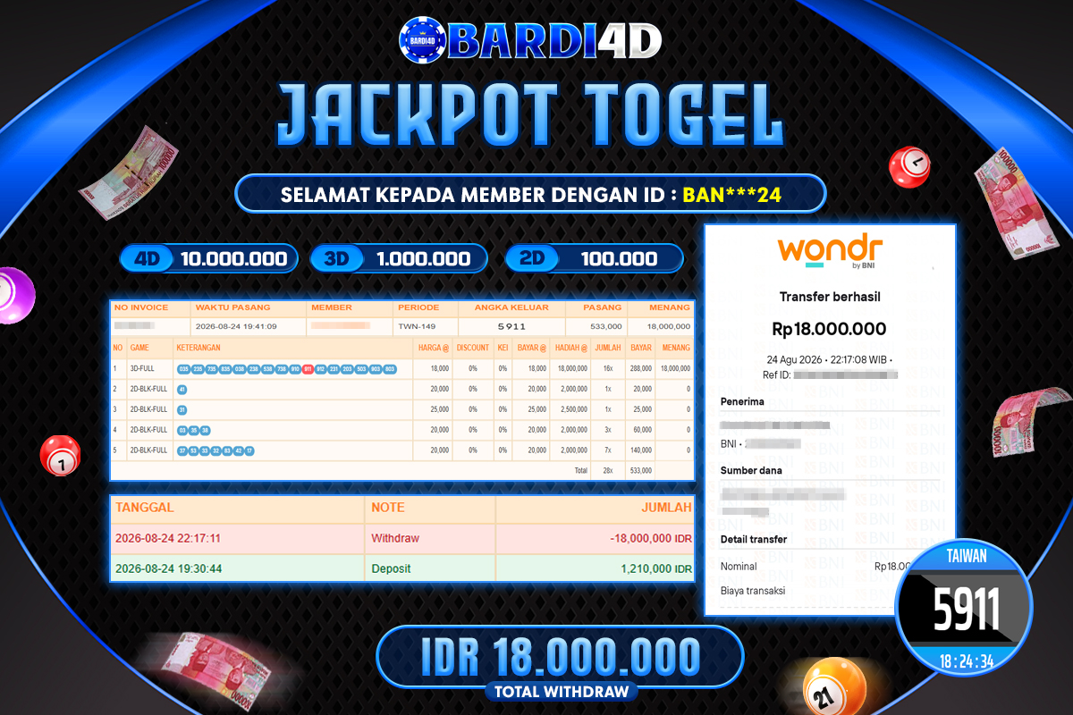 BARDI4D - BAYAR JACKPOT TOGEL TAIWAN TOTAL RP.18.000.000 | DIBAYAR LUNAS
