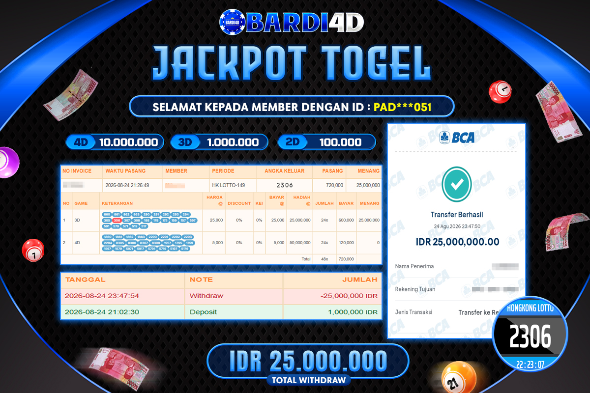 BARDI4D - BAYAR JACKPOT TOGEL HONGKONG LOTTO TOTAL RP.25.000.000 | DIBAYAR LUNAS