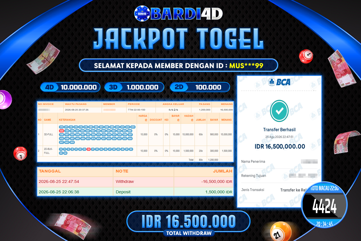 BARDI4D - BAYAR JACKPOT TOGEL TOTO MACAU 4 TOTAL RP.16.500.000 | DIBAYAR LUNAS
